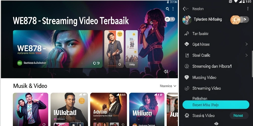 Antarmuka aplikasi WE878 menampilkan berbagai pilihan video musik dan hiburan.